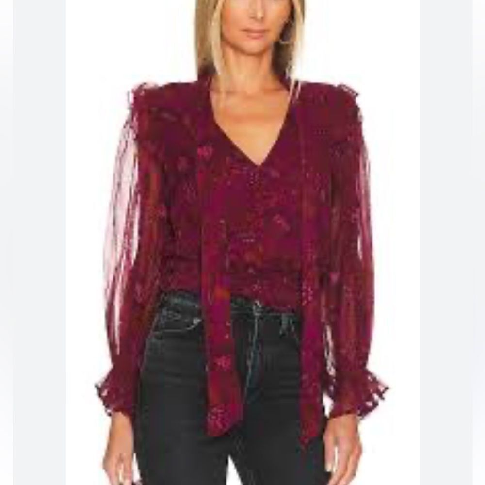 Cleobella Burgundy V-Neck Tie-Front Sheer Sleeve Blouse